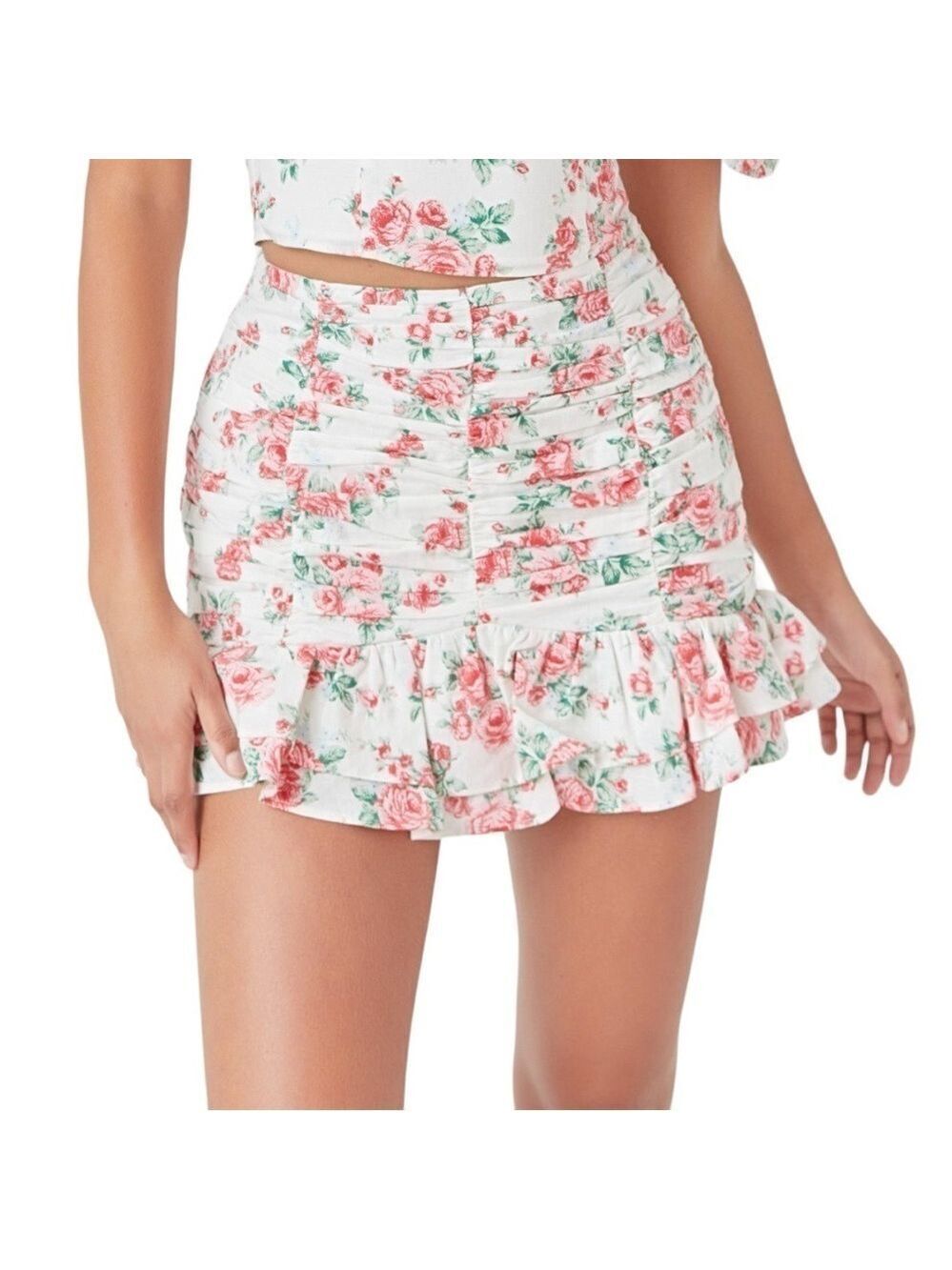 Endless Rose Revolve Linen Ruched Draped Ruffle Hem Mini Skirt